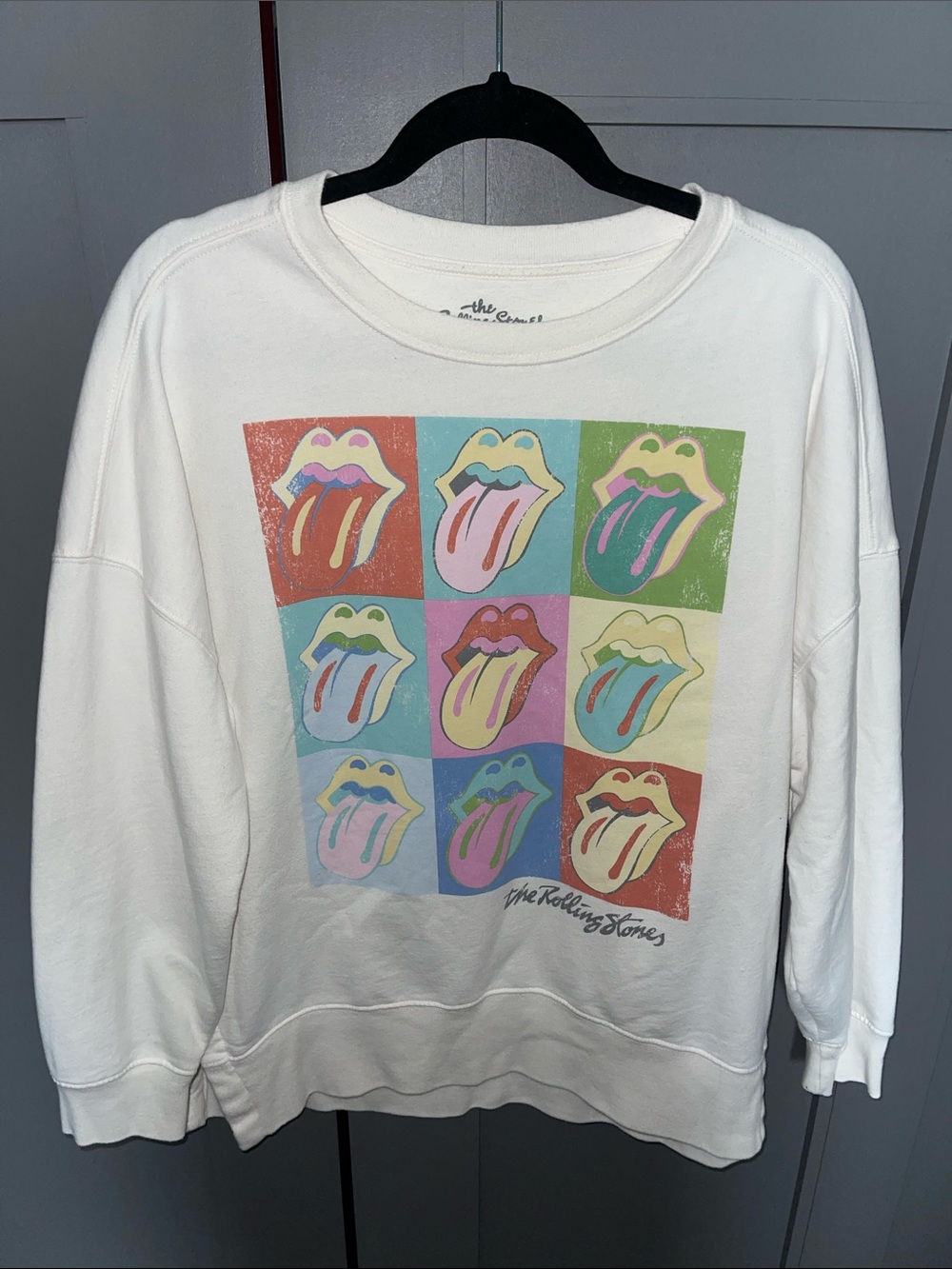 the Rolling Stones White Sweatshirt with Multicolor Pop-Tongue Grid